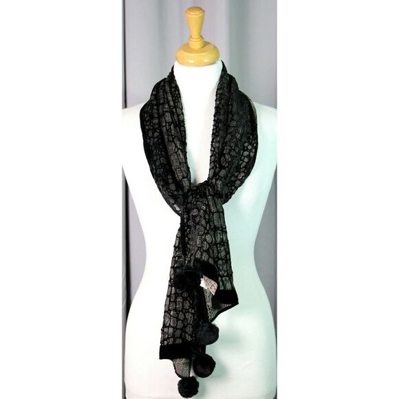 Sz 13"x61" ITALY BLACK GRAY CHIFFON VELOUR SILK BLEND BURNOUT POM POM SCARF (F66 - Picture 7 of 9